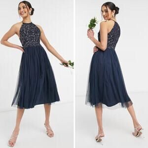 New! Maya halterneck midi tulle dress tonal delicate sequin‎ navy size 2